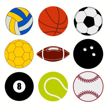Spor topları. Spor toplarının izole vektör simgeleri ve bowling, futbol, rugby, futbol, basketbol, tenis, hentbol, voleybol