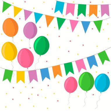 Bir sürü çelenk, balon ve bayraklar kuruldu. Herhangi bir olayın atmosferini canlandırmak yararlıdır. Vektör