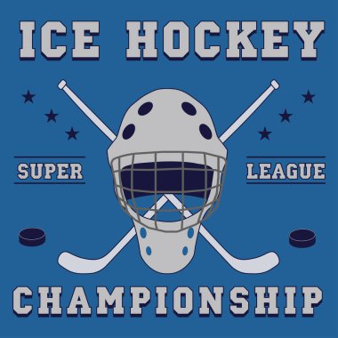 Buz hokeyi kulübü rozeti, tipografi şablonu, spor tişörtü grafikleri. İki çapraz hokey sopası ve bir disk. Vektör illüstrasyonu