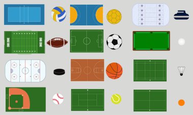 Tenis, beyzbol, futbol, futbol, basketbol, hentbol, voleybol, hokey, masa tenisi, bilardo, badminton. Topları gri arkaplan vektöründe izole