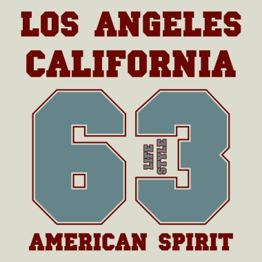 Los Angeles tipografi grafikleri. Numara tişörtü baskısı, atletik kıyafet tasarımı. Orijinal spor kıyafetleri için pul. Vektör illüstrasyonu.