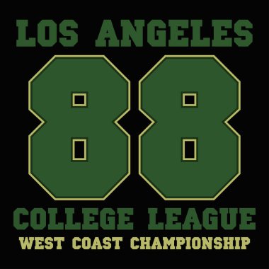 Los Angeles tipografi grafikleri. Numara tişörtü baskısı, atletik kıyafet tasarımı. Orijinal spor kıyafetleri için pul. Vektör illüstrasyonu