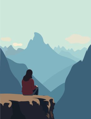 Bir dağ yamacında oturmuş dağlara bakan afiş kızı.