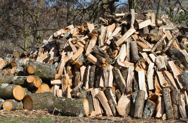 日当たりの良い日の光の下で加熱するために田舎に積み上げ木材 カット木材のスタック — ストック写真