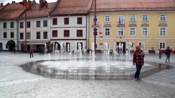 马里博的主广场位于斯洛文尼亚马里博主要广场的市政厅和鼠疫纪念馆 位于斯洛文尼亚马里博主要广场的喷泉 斯洛文尼亚的建筑 — 图库视频影像