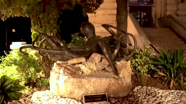Patung Perunggu Dari Gurita Monako Tampilan Malam Monako — Stok Video