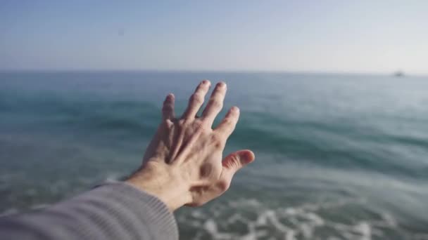 Hand Reaches Out Sea Sea View Coast City Nice French — Video Stock