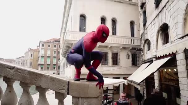 Guy Carnival Costume Balances Railing Front Tourists City Venice Carnival — Wideo stockowe