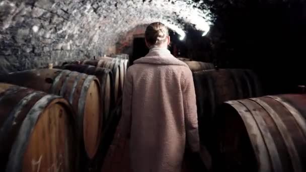 Bodrumda Elinde Meşe Fıçılarında Şarap Olan Bir Kız Meşe Fıçılarında — Stok video