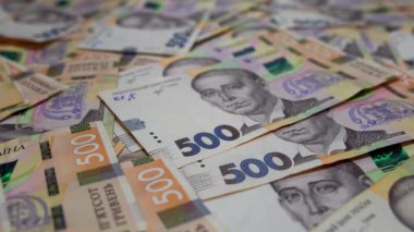 Ukrayna para birimi. 500 Hryvnia 'nın mezhebi. Büyük para. Ukrayna Merkez Bankası. Para birimi. Bir sürü Ukrayna parası. 500 hryvnia