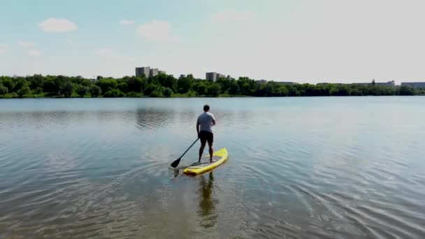 Drone View Young Guy Paddling Sup Board Beautiful Lake Northern — Stock Video