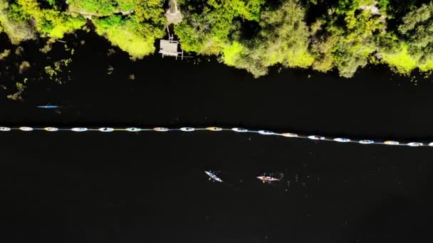 Vista Drone Pessoas Paddleboards Segurando Uma Enorme Bandeira Ucraniana Água — Vídeo de Stock