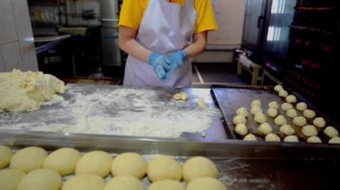 Aşçı mutfakta pişmiş yiyecekler yapıyor. Bir kız hamurdan çörek yapar. Aşçı fırınlanmış yiyecekleri kızartma tavasına koyar. Kızartma tavasında pişmiş hamur. Şekerleme ürünleri.