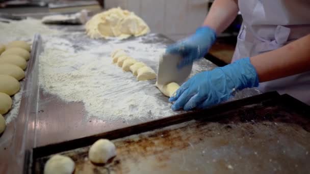 Μάγειρας Φτιάχνει Ψημένα Προϊόντα Στην Κουζίνα Ένα Κορίτσι Φτιάχνει Ψωμάκια — Αρχείο Βίντεο