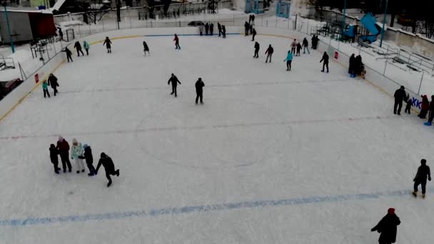 Drone View Winter Skating Rink People Skating People Skate Hockey — Stock Video