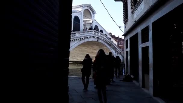 ヴェネツィアのリアルト橋 ヴェネツィアの運河を渡る橋 グランド運河を渡るリアルト橋 サンポロとサンマルコの2つの都市地区を結ぶ — ストック動画