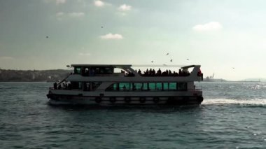 İstanbul, Türkiye 'de yatta insanlarla dolu bir gemiden görüntü. Geminin etrafında bir sürü martı var. Gemi İstanbul 'daki Golden Horn Körfezi boyunca yol alıyor.. 