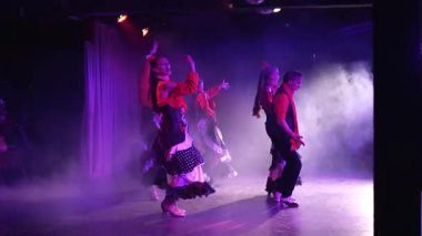 Geleneksel flamenko dansçıları Barcelona 'da canlı bir İspanyol restoranında sahne alarak otantik kostümler, müzik ve tutkulu hareketler sergilediler.