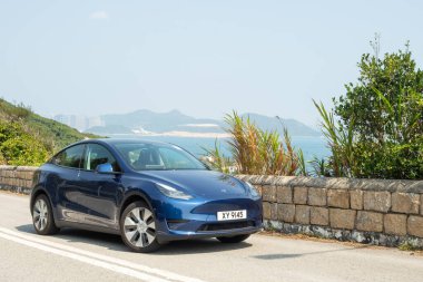 Hong Kong, Çin 15 Şubat 2023 Tesla Model Y 2023 Test sürüşü 15 Şubat 2023, Hong Kong.
