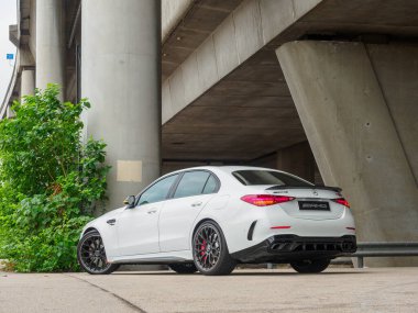 Hong Kong, Çin 22 Nisan 2024: Mercedes-AMG C63 S Test Sürüşü Günü Hong Kong 22 Nisan 2024