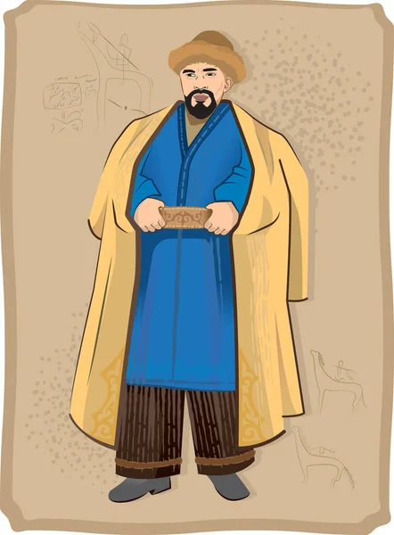 Портрет Азиатского Воина Батыра Стилистическом Образе Национальными Орнаментами — стоковый вектор