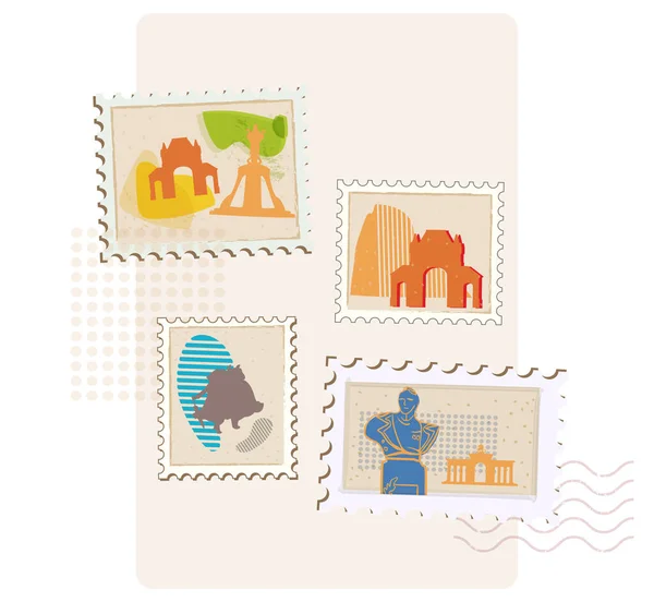 色彩艳丽的邮票 有各种建筑 雕像和动物的轮廓 — 图库矢量图片