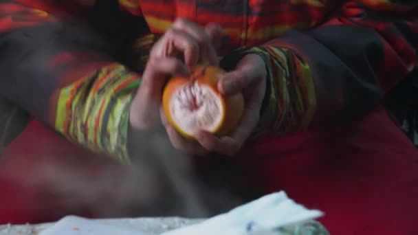Toerist Een Koude Winterdag Bereidt Rijp Oranje Fruit Eten — Stockvideo