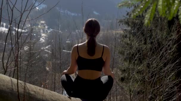 Kobieta Siedzi Azanie Pięknym Krajobrazem Zaśnieżonego Pasma Górskiego Tle — Wideo stockowe