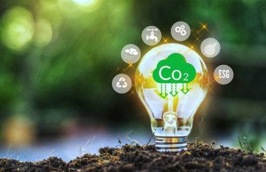 Doğaya karşı ikonlu ampul. Karbondioksit salınımı konseptini azalt. yenilenebilir enerjiye dayalı yeşil iş.