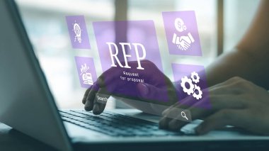 A business person using laptop with visual screen on Request for Proposal (RFP) concept.