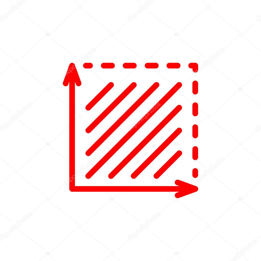 Red Square area line art icon isolated on white background. Coordinate axes sign. Coordinate system Flat math graph icon. Measuring land area. Place dimension pictogram.