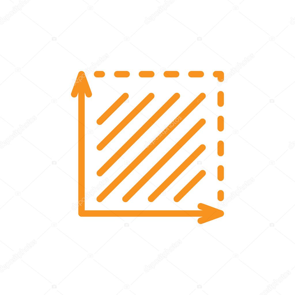 Orange Square area line art icon isolated on white background. Coordinate axes sign. Coordinate system Flat math graph icon. Measuring land area. Place dimension pictogram.