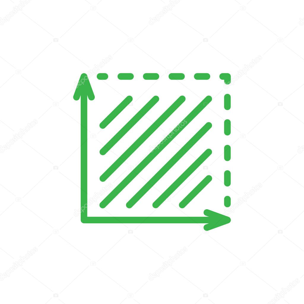 Green Square area line art icon isolated on white background. Coordinate axes sign. Coordinate system Flat math graph icon. Measuring land area. Place dimension pictogram.