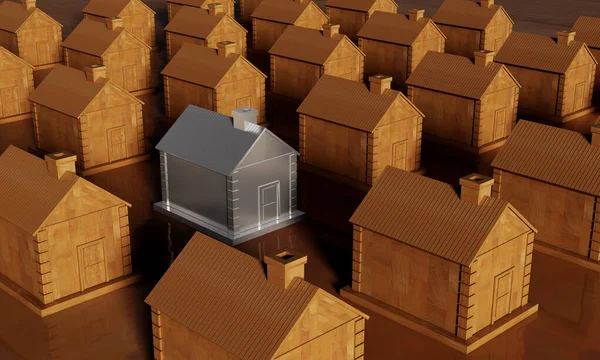 Renderowanie Tylko Srebrny Dom Pomiędzy Drewnianymi Domami Metafora Środowiska — Zdjęcie stockowe