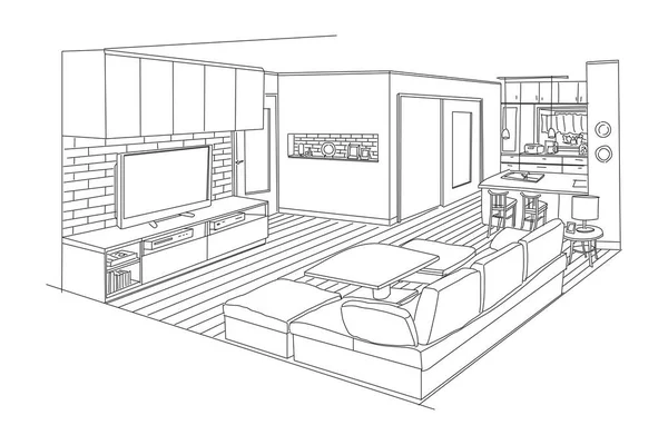 Kresba Náčrtku Obývacího Pokoje — Stockový vektor