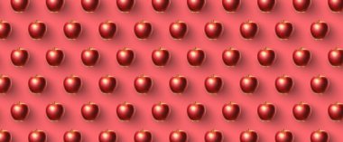 Pembe arka plana karşı sonsuz elma deseni. Yumuşak gölgeli meyveler. Tasarım veya metin için kopyalama alanı olan taze elma görünümü.