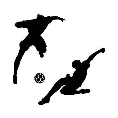 Futbol silueti. Futbolcu, top, tekme, top ve top. Vektör illüstrasyonu beyaza izole edildi. spor konsepti