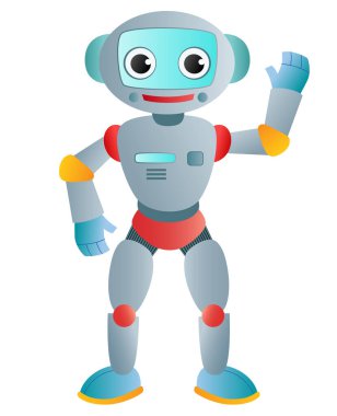 Çizgi film renkli oyuncak robotu elini kaldırdı. Vektör illüstrasyonu