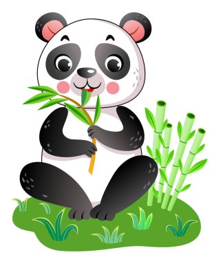 Çim çizgi filminde panda gibi oturup bambu filizleri yiyorum. vektör illüstrasyonu.