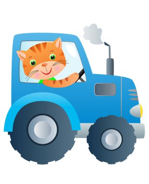 Küçük mavi traktörlü turuncu kedi sürücüsü. Vektör illüstrasyonu
