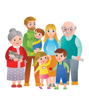 Üç çocuklu, büyük ebeveynleri ve kedisi olan büyük, güzel bir aile. Vektör illüstrasyonu