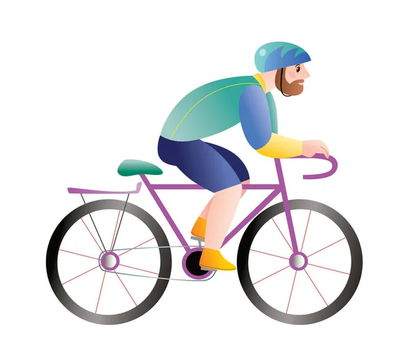 stock vector Bearded man in a green helmet on the purple bike. Vector illustration