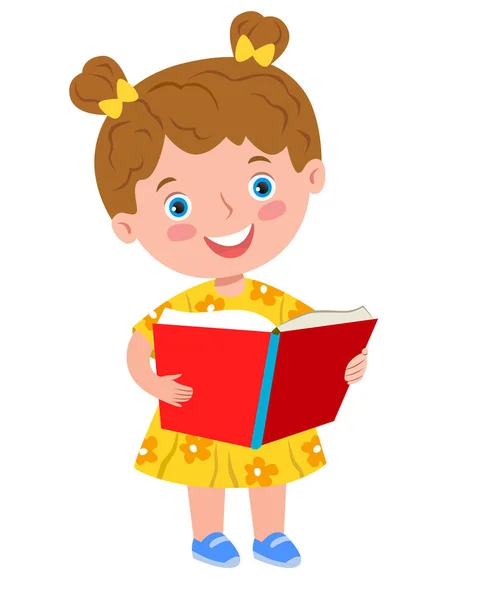 Zeichentricklektüre Und Lächelndes Kleines Mädchen Mit Großem Roten Buch Vektorillustration — Stockvektor