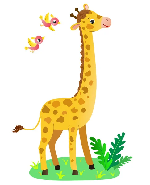 Cartoon Niedliche Kleine Giraffe Steht Auf Dem Gras Mit Zwei — Stockvektor