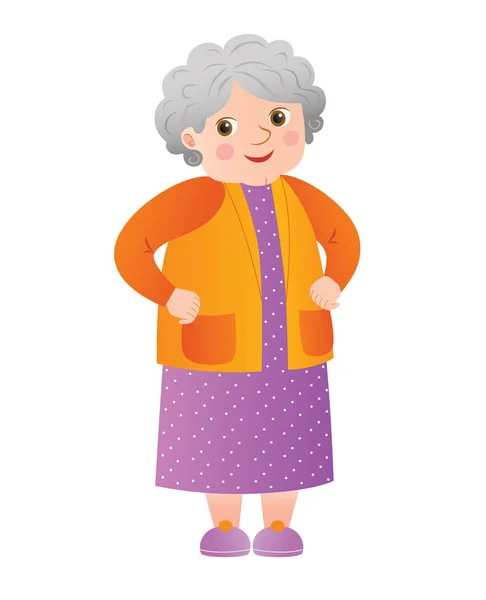Nette Großmutter Orangefarbener Jacke Und Lila Kleid Vektorillustration — Stockvektor