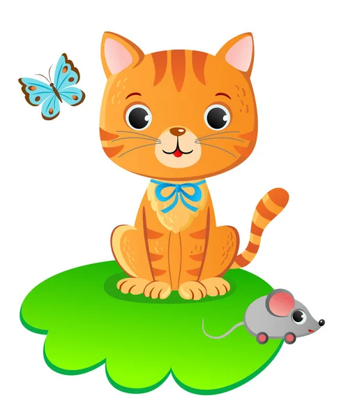 Niedliche Kleine Kätzchen Sitzt Auf Grünem Teppich Mit Schmetterling Und — Stockvektor