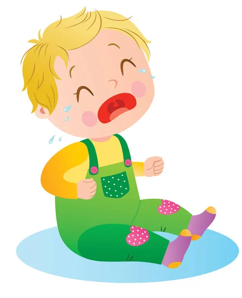 Sitzendes Und Weinendes Baby Grünem Overall Vektorillustration — Stockvektor