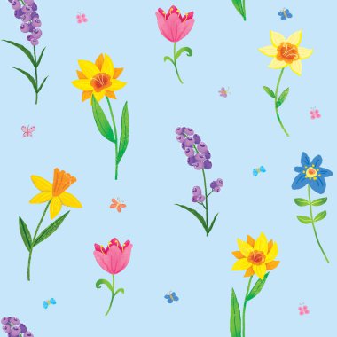 Easter seamless floral pattern with spring flowers on the blue background. High quality photo