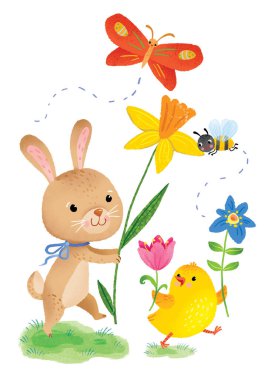 Easter card with cute bunny and chick carring flowers. High quality photo