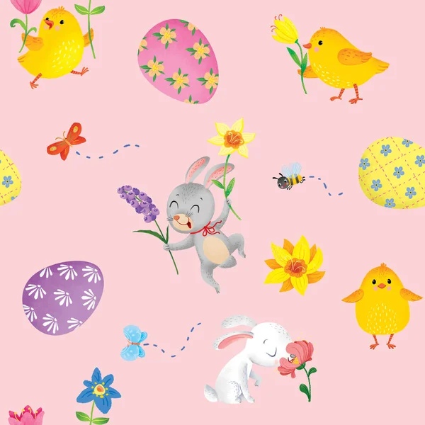 Easter seamless pattern with cute bunny, chickens and painted eggs on the pink background. High quality photo